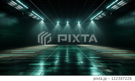 Empty stage illuminated with blue and green lights for a modern dance performance show Empty stage illuminated with blue and green lights for a modern dance performance show 122387228