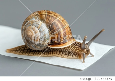 Macro photography of a snail on a piece of paper with copy space and soft focus background 122387375