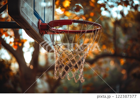 Autumn urban scene with basketball hoop hanging on street in fall season, space for text 122387377