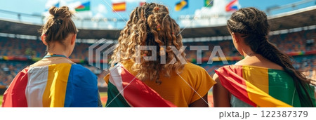 Exciting soccer match with international fans and country flags at majestic stadium 122387379