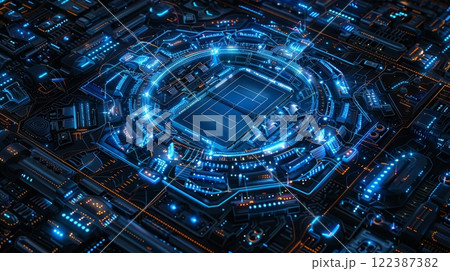 Futuristic tennis court with innovative technology for ball control players on modern court 122387382