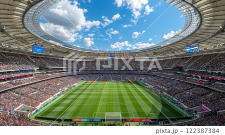 Spectacular football match at majestic stadium with international fans and flags 122387384