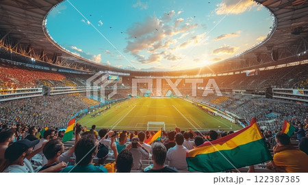Exciting international football match with diverse fans waving flags at majestic stadium 122387385