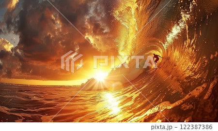Surfer gracefully riding magnificent wave at serene sunset, on breathtaking beach 122387386