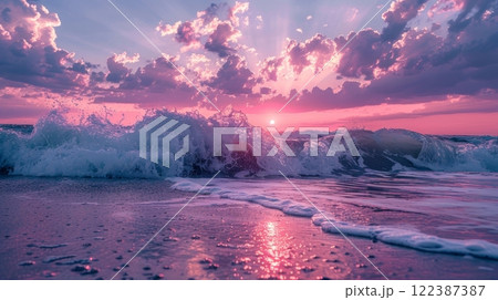 Stunning coastal waves at sunset in soft pink shades on a banner for a relaxing atmosphere 122387387