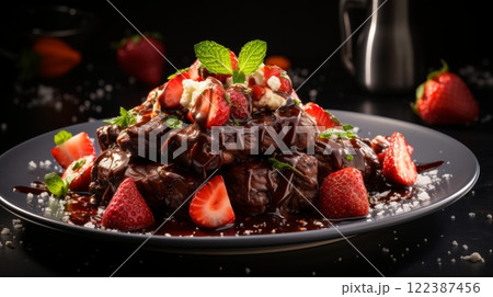 Tasty grilled beef steak and ripe fresh strawberries served with herbs and seasoning 122387456
