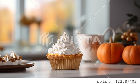Fresh sweet potato pie, a classic southern us dessert on blurred white kitchen background. Thanksgiving Day 122387483