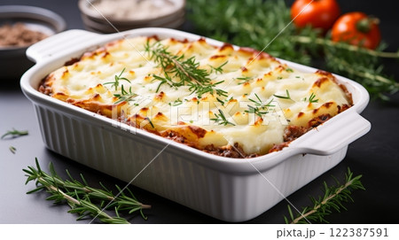 Fresh and appetizing cottage pie made with ground beef on white kitchen background 122387591