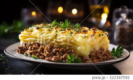 Appetizing ground beef cottage pie made with fresh ingredients on white kitchen background 122387592