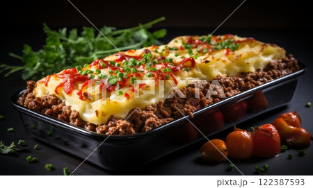 Tasty ground beef cottage pie on blurred white kitchen background with copy space 122387593