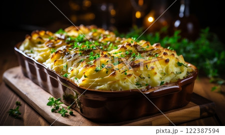 Savory ground beef cottage pie on white kitchen backdrop for delicious dinner idea 122387594