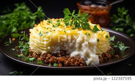 Appetizing ground beef cottage pie on blurred white kitchen background with copy space 122387595