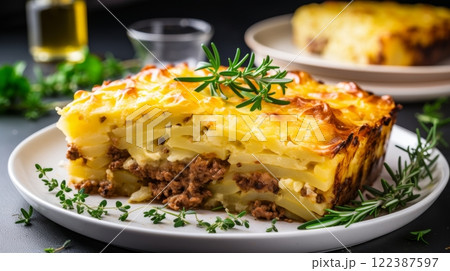 Delicious homemade ground beef cottage pie on blurred white kitchen background with copy space 122387597