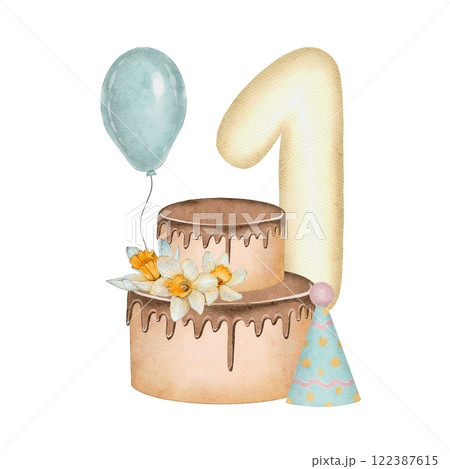 First Birthday Celebration: Cake, Balloon, and Number one 122387615
