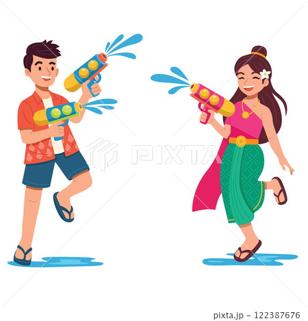 A Couple Enjoying Songkran Festival A Couple Enjoying Songkran Festival 122387676