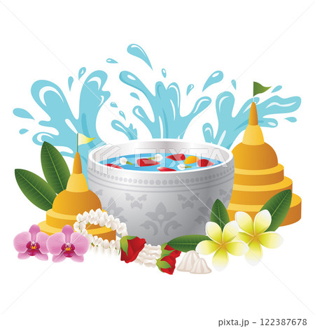 Songkran Festival with Water Splash, Floral Bowl, Pagodas, and Tropical Flowers Songkran Festival with Water Splash, Floral Bowl, Pagodas, and Tropical Flowers 122387678