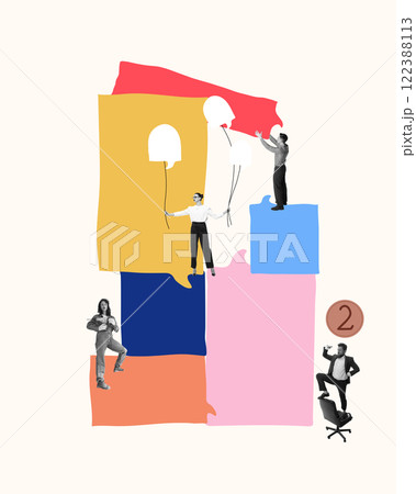 Team members integrating with colorful speech bubbles, collaborating and communicating to build effective company. Conceptual art collage. 122388113