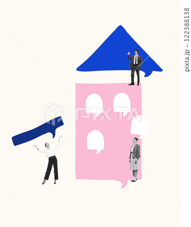 Team interacting with abstract house shape formed by speech bubbles, working on common project. Conceptual art collage. 122388138