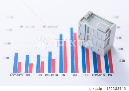 会社の業績グラフと企業ビル 122388346