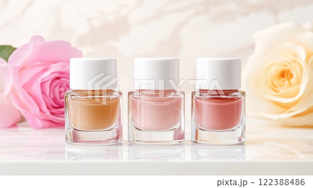 Elegant display of three nail polish bottles with pink and beige tones on marble background 122388486