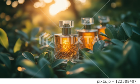 Elegant crystal perfume bottles in nature with sunlit background 122388487