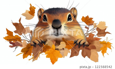 Curious squirrel peeking through autumn leaves 122388542