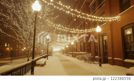 Snowy city street illuminated with festive string lights on a winter evening 122388556