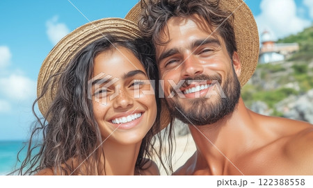 Joyful young hispanic couple smiling at the beach on a sunny day 122388558