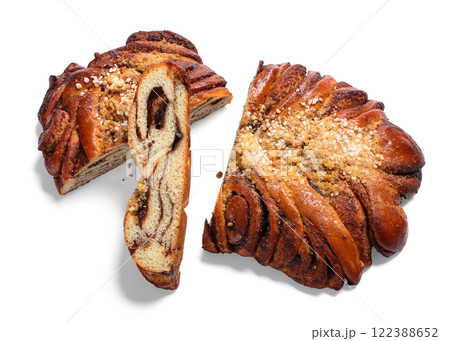 Cinnamon braided bread topped with pearl sugar Cinnamon braided bread topped with pearl sugar 122388652