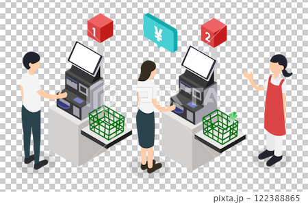 スーパーのセルフレジを利用する客と買い物客と案内する店員のアイソメトリックイラスト 122388865