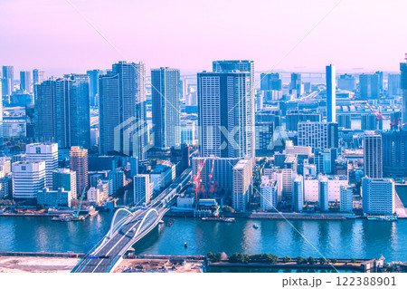 日本の東京都市景観 築地市場跡地前（手前）に広がるタワーマンション群などを望む＝令和7年1月23日 122388901