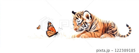 A playful young tiger observes delicate butterflies fluttering nearby in a tranquil environment, showcasing innocence and curiosity. 122389185