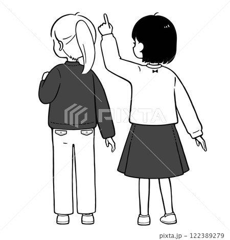 小学生 女の子同士で相談 シンプルな後ろ姿のモノクロイラスト 122389279