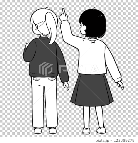 小学生 女の子同士で相談 シンプルな後ろ姿のモノクロイラスト 122389279
