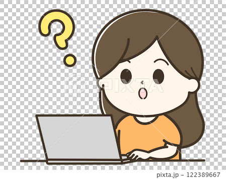 はてなとパソコンを使う疑問の女性のゆるかわイラスト 122389667