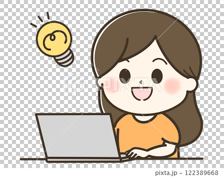 A cute and relaxed illustration of an inspirational woman using a light bulb and a computer A cute and relaxed illustration of an inspirational woman using a light bulb and a computer 122389668