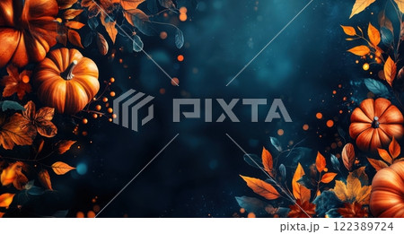 Dark blue background with vibrant fall decorations and pumpkins 122389724