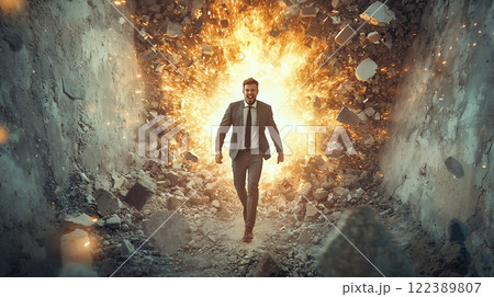 困難な壁を乗り越えるビジネスマンのイメージ	 122389807