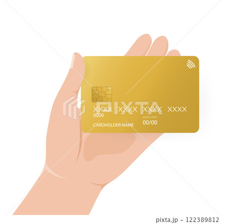 Credit card with hand, great design for any purposes. Bank card illustration. Online payment. 122389812