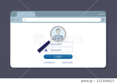 Flat illustration with blue user login laptop. Vector, flat design. Laptop vector icon illustration. 122389823