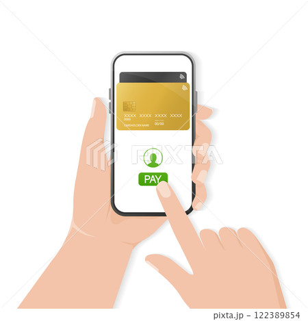 Hand with smartphone. Abstract online payment for mobile device design. Online transaction. Hand with smartphone. Abstract online payment for mobile device design. Online transaction. 122389854