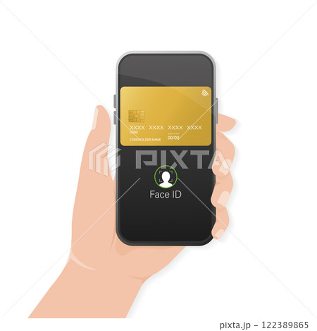 Abstract credit card with smartphone for mobile app design. Hand holding smartphone. Abstract credit card with smartphone for mobile app design. Hand holding smartphone. 122389865