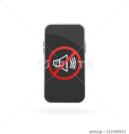 Flat icon with black no sound smartphone on white background for concept design. Smartphone display. Vector mobile device concept. Flat icon with black no sound smartphone on white background for concept design. Smartphone display. Vector mobile device concept. 122389915