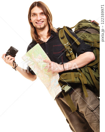 Man tourist backpacker taking photo with camera. Man tourist backpacker taking photo with camera. 122389971