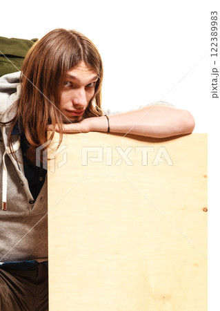 Man hiker backpacker with blank wood copy space ad 122389983