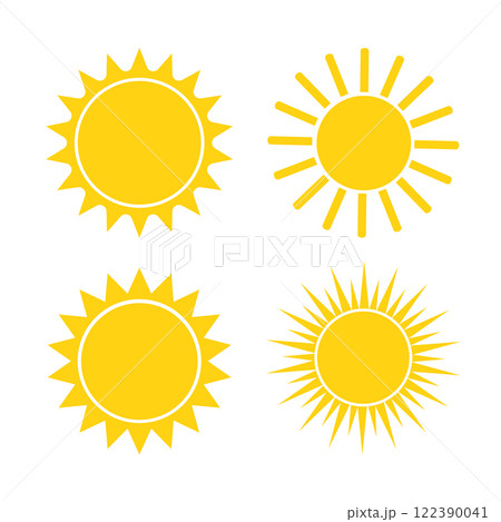 Flat yellow sun icon collection on white background. Vector flat cartoon illustration. 122390041