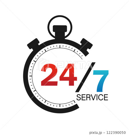 24/7 icon on white background. Arrow vector icon. Customer service. Vector logo. Round logo. 24/7 icon on white background. Arrow vector icon. Customer service. Vector logo. Round logo. 122390050