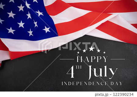 Independence Day Card - Usa Flag With Sparkler On Black Stone And Abstract Bokeh - 4th July Text. Independence Day Card - Usa Flag With Sparkler On Black Stone And Abstract Bokeh - 4th July Text. 122390234