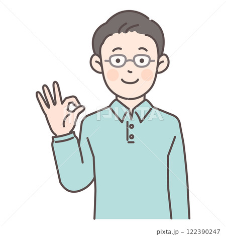 OKサインを出す眼鏡の男性_青シャツ 122390247