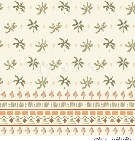 Hand drawn tropical palm tree, ethnic stripes seamless pattern. Vector summer beach print, safari, jungle wallpaper 122390259